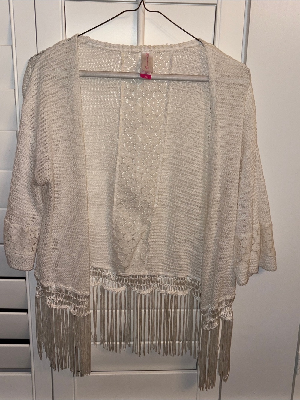 No Boundaries Cream Open-Front Fringe Lace Cardigan